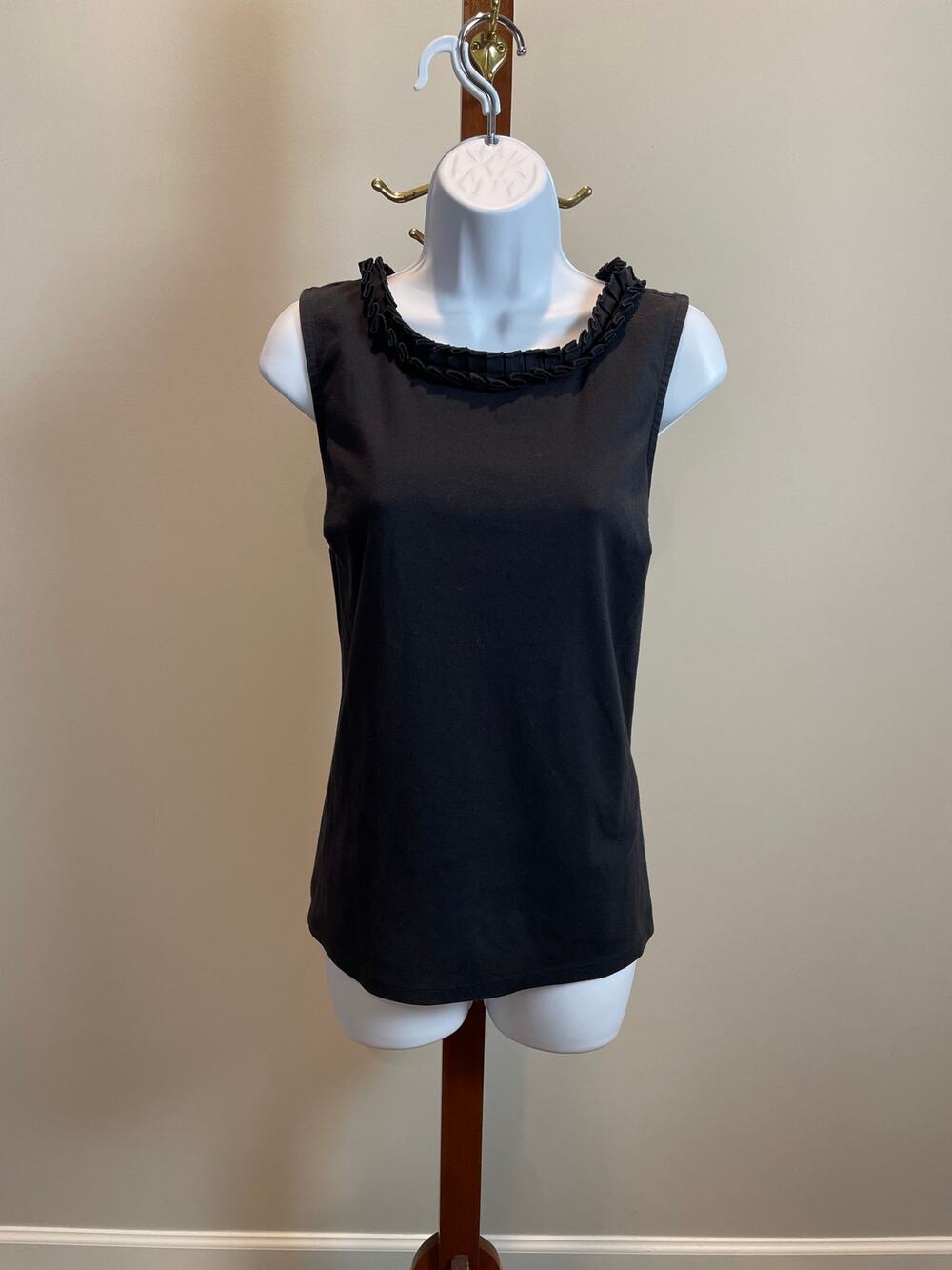 Talbots Size M Black Sleeveless Jersey Knit Top with Ruffle Neck Detail